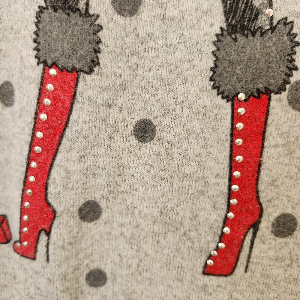 Holiday Sweater Girl & Dog Polka Dots Gray Studs Studded Whimsical Glam - Picture 7 of 16